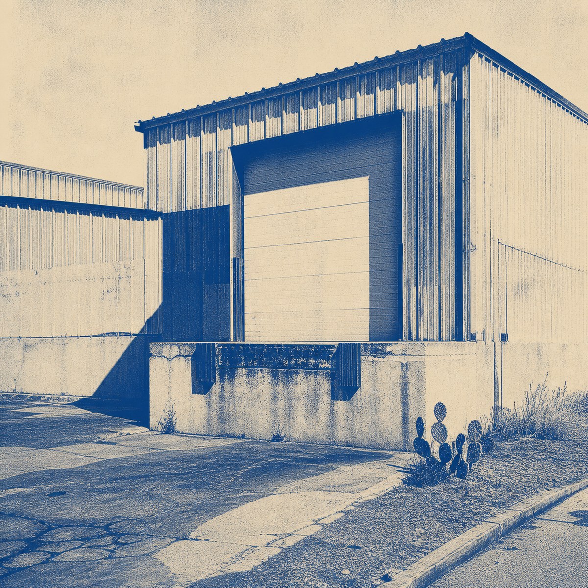 Weathered warehouse loading bay beside a rough asphalt service road, with a small prickly pear growing at the verge, rendered in blue and bone.